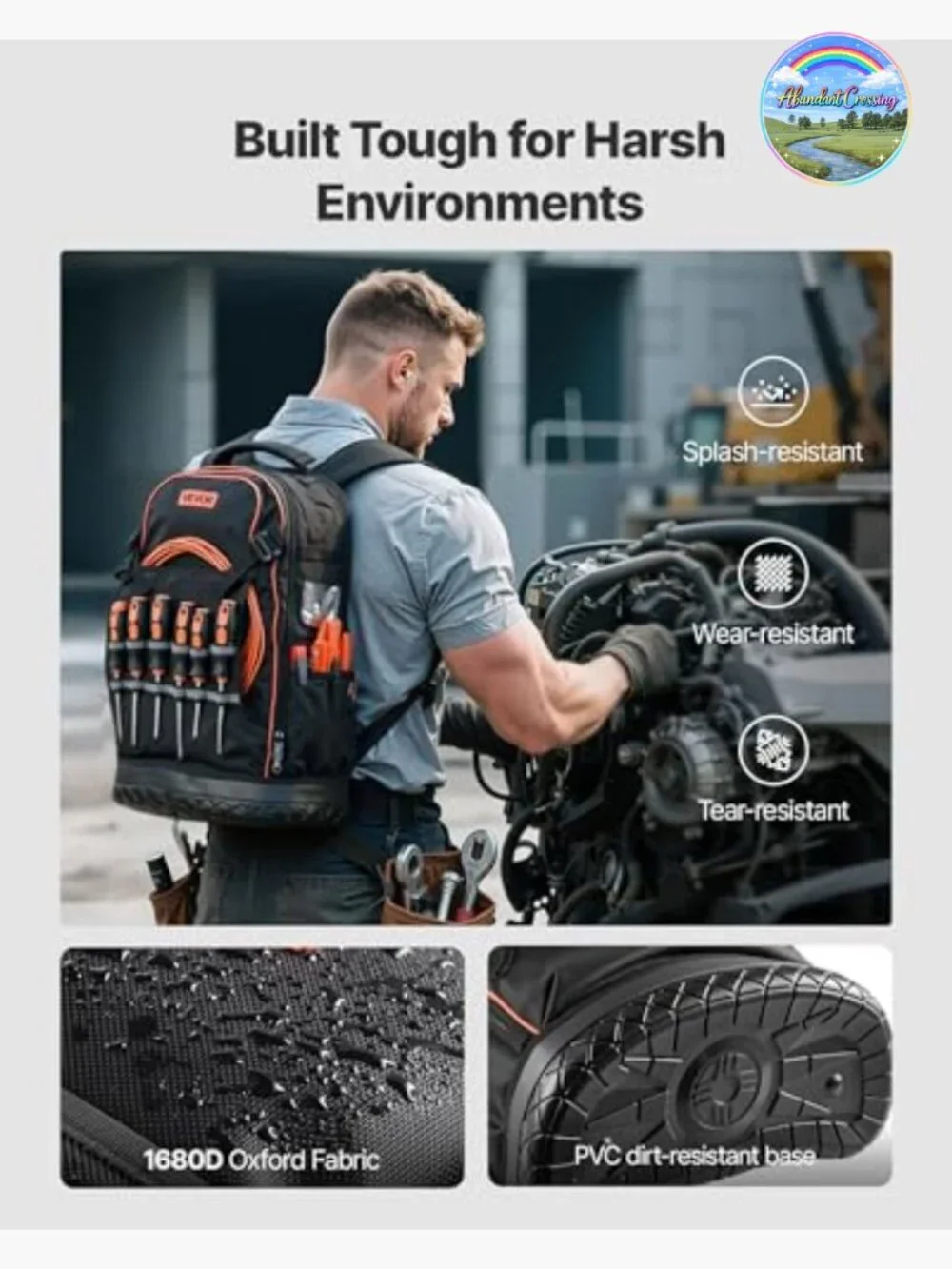 65-Pocket Heavy-Duty Tool Backpack with Laptop Compartment, Molded Base, Oxford